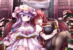 Rule 34 | 2girls, between breasts, black legwear, blue bow, blunt bangs, book, book stack, bookshelf, bow, breasts, capelet, cleavage, couch, crescent, crescent hair ornament, fumitsuki (minaduki 6), hair bow, hair ornament, hat, head wings, indoors, koakuma, large breasts, library, long hair, long sleeves, mob cap, multiple girls, necktie, necktie between breasts, open book, pantyhose, patchouli knowledge, puffy long sleeves, puffy sleeves, purple eyes, purple hair, reading, red bow, red hair, red necktie, sitting, skirt, smile, touhou, very long hair, wide sleeves, wings