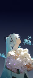Rule 34 | 1girl, absurdres, bare shoulders, blue background, blue eyes, blue hair, bouquet, closed mouth, dappled sunlight, dark background, detached sleeves, expressionless, eyelashes, fish, flower, flying fish, gradient background, grey background, hatsune miku, head back, highres, holding, holding bouquet, light, long hair, looking up, motion blur, pink flower, profile, simple background, solo, straight hair, sunlight, twintails, very long hair, vocaloid, water drop, yellow flower, zzz zhi he
