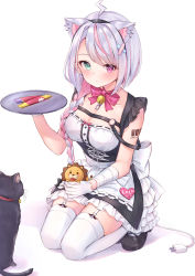 Rule 34 | 1girl, absurdres, ahoge, animal, animal ears, apron, bandages, barcode, barcode tattoo, bell, black cat, black footwear, blush, bow, braid, breasts, cable, cable tail, cat, cat ears, cleavage, collar, collarbone, ear piercing, earrings, electric plug, extra ears, fake animal ears, frills, full body, garter straps, gloves, green eyes, headband, heterochromia, highres, holding, indie virtual youtuber, jewelry, jingle bell, kneeling, lolo (vtuber), long hair, maid, mechanical tail, medium hair, multicolored hair, neck bell, piercing, pink bow, pink eyes, pink hair, poe (528yuzunon), shoes, silver hair, simple background, skirt, solo, streaked hair, tail, tattoo, thighhighs, tray, two-tone hair, virtual youtuber, waist apron, white apron, white background, white thighhighs, zettai ryouiki