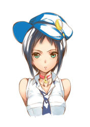 Rule 34 | 1girl, aqua eyes, black hair, cabbie hat, choker, green eyes, hat, looking at viewer, marie (persona 4), persona, persona 4, persona 4 the golden, saburou (hgmg), sleeveless, solo, upper body, white background