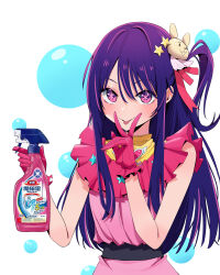 Rule 34 | 1girl, absurdres, bottle, chen yang yang, color connection, commentary request, dress, gloves, hair ornament, highres, hoshino ai (oshi no ko), long hair, object request, one side up, oshi no ko, pink dress, pink gloves, purple eyes, purple hair, rabbit hair ornament, sleeveless, spray bottle, star-shaped pupils, star (symbol), star in eye, symbol-shaped pupils, symbol in eye, tongue, tongue out, v