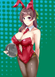Rule 34 | 1girl, absurdres, animal ears, bare shoulders, between breasts, black pantyhose, blush, breasts, brown hair, cleavage, fake animal ears, green ribbon, highres, kantai collection, large breasts, leotard, looking at viewer, mamiya (kancolle), necktie, necktie between breasts, pantyhose, playboy bunny, purple eyes, rabbit ears, rabbit tail, ribbon, smile, solo, standing, tail, tray, yungel