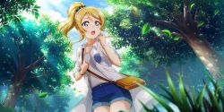 Rule 34 | 1girl, absurdres, artist name, artist request, ayase eli, bag, blonde hair, blue eyes, blue pants, blue scrunchie, blue shorts, blue sky, blush, bracelet, breasts, cardigan, carrying bag, carrying over shoulder, cloud, collarbone, collared jacket, day, falling leaves, female focus, forest, forest fairy (love live!), grey shirt, hair between eyes, hair ornament, hair scrunchie, handbag, high ponytail, highres, jacket, jewelry, leaf, long hair, looking at viewer, love live!, love live! school idol festival, love live! school idol festival all stars, love live! school idol project, nature, outdoors, pants, parted lips, pearl bracelet, ponytail, scrunchie, shirt, shorts, shoulder bag, sky, smile, solo, star (symbol), star print, sunlight, tree, white cardigan, white jacket
