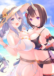 Rule 34 | 2girls, :d, absurdres, ass, beach, belt, bikini, black bikini, black hair, blue eyes, blue sky, bob cut, bracelet, bracer, braid, breast press, breasts, claw ring, cleavage, commentary request, day, detached sleeves, eriko (princess connect!), eriko (summer) (princess connect!), flower, gucchiann, hair between eyes, hair flower, hair ornament, hat, hat flower, hat ribbon, highres, jewelry, large breasts, long braid, long hair, looking at viewer, multi-strapped bikini bottom, multi-strapped bikini top, multiple girls, ocean, official alternate costume, open mouth, outdoors, princess connect!, purple eyes, purple hair, ribbon, shizuru (princess connect!), shizuru (summer) (princess connect!), short hair, short sleeves, side-tie bikini bottom, single braid, sky, smile, straw hat, sun hat, swimsuit, symmetrical docking, white bikini