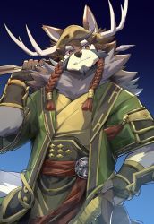 Rule 34 | 1boy, animal ears, antlers, arrow (projectile), blue background, bow (weapon), braid, brown eyes, brown fur, brown hair, closed mouth, coat, deer antlers, furry, furry male, gradient background, hair between eyes, highres, holding, holding arrow, horns, male focus, mongolian clothes, relax lion, smile, solo, tail, tassel, temujin (housamo), thick eyebrows, tokyo houkago summoners, tusks, weapon, wolf boy, wolf ears, wolf tail