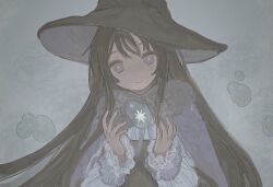 Rule 34 | 1girl, black hair, black hat, cape, chisato charme, closed mouth, frilled sleeves, frills, fur-trimmed cape, fur trim, grey background, hands up, hat, head tilt, long hair, long sleeves, looking at viewer, object floating above hand, original, purple cape, purple eyes, shirt, simple background, smile, solo, star (symbol), upper body, water drop, white shirt, witch hat
