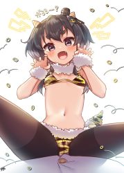 Rule 34 | 1girl, 1other, :d, alternate costume, anchor symbol, animal print, backlighting, black eyes, black hair, black pantyhose, blush, breasts, claw pose, commentary request, fang, fur collar, fur cuffs, girl on top, highres, horns, kantai collection, looking at viewer, navel, oni costume, oni horns, open mouth, pantyhose, pantyhose under swimsuit, setsubun, short eyebrows, short hair, signature, small breasts, smile, solo focus, spread legs, straddling, swimsuit, thick eyebrows, tiger print, tokitsukaze (kancolle), white background, yufukiri