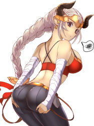 Rule 34 | 1girl, aliza (granblue fantasy), ass, ass grab, bad id, bad pixiv id, blush, breasts, draph, granblue fantasy, hand on own ass, headpiece, horns, koucha maru, large breasts, long hair, looking back, pants, pointy ears, ponytail, red eyes, silver hair, solo, tight clothes, tight pants