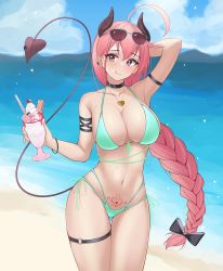 Rule 34 | 1girl, absurdres, arm up, armband, beach, bikini, braid, braided ponytail, breasts, choker, cleavage, demon girl, demon horns, demon tail, ear piercing, earrings, eyewear on head, food, green bikini, hair ribbon, highres, horns, ice cream, jewelry, large breasts, licking lips, long hair, looking at viewer, navel, necklace, original, outdoors, parfait desu, parfy (parfait ehmy), piercing, pink eyes, pink hair, pubic tattoo, ribbon, solo, sundae, sunglasses, swimsuit, tail, tattoo, thick thighs, thigh gap, thigh strap, thighs, tongue, tongue out