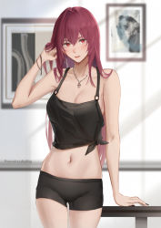 Rule 34 | 1girl, arm at side, bad id, bad pixiv id, bare arms, bare shoulders, bike shorts, black nails, black shorts, blush, breasts, cleavage, closed mouth, collarbone, cowboy shot, drawing (object), earrings, fate/grand order, fate (series), gluteal fold, hair between eyes, hair intakes, hand in own hair, hand up, highres, indoors, jewelry, large breasts, long hair, looking at viewer, nail polish, navel, necklace, pixiv id, purple hair, red eyes, revision, rifu (643763873), scathach (fate), shirt, shorts, sleeveless, solo, stomach, table, thighs, tied shirt