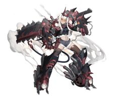 Rule 34 | 1girl, armored boots, armored gloves, artery gear, artery gear: fusion, artist request, black shorts, boots, chain, dean (artery gear), glasses, headgear, highres, holding, holding sword, holding weapon, huge weapon, official art, orange eyes, short hair with long locks, shorts, sidelocks, smoke, sword, transparent background, weapon, white hair