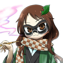 Rule 34 | 1girl, :3, profile picture, brown eyes, brown hair, chamaji, checkered clothes, checkered scarf, futatsuiwa mamizou, futatsuiwa mamizou (human), glasses, hair ornament, haori, holding, holding smoking pipe, japanese clothes, kimono, kiseru, leaf, leaf hair ornament, long hair, looking at viewer, lowres, pince-nez, scarf, signature, smile, smoke, smoking, smoking pipe, solo, touhou, upper body, white background
