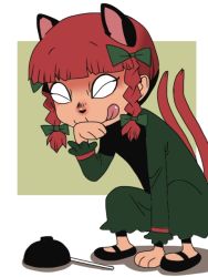Rule 34 | 1girl, animal ears, bow, bowl, braid, cat ears, cat tail, dress, extra ears, green dress, hair bow, kaenbyou rin, licking lips, long sleeves, multiple tails, needle, nekomata, onikobe rin, paw pose, red hair, solo, squatting, tail, tongue, tongue out, touhou, twin braids
