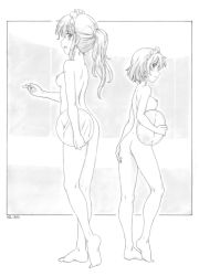 Rule 34 | 2girls, ass, back, barefoot, breasts, completely nude, feet, full body, greyscale, harumachi nagaaki, highres, legs, long hair, maid headdress, monochrome, multiple girls, nipples, nude, original, ponytail, short hair, small breasts, soles, standing, toes, tray, waitress, zenra