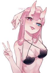 Rule 34 | 1girl, arm up, arms behind head, bikini, black bikini, blue eyes, breasts, earrings, fangs, female focus, hand up, heterochromia, highres, indie virtual youtuber, jewelry, long hair, medium breasts, muse ts, naughty face, open mouth, pink eyes, pink hair, pointy ears, saydens, simple background, smug, solo, star bikini, swimsuit, tongue, tongue out, upper body, v, virtual youtuber, white background