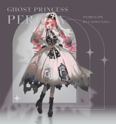 Rule 34 | 1girl, black footwear, boots, breasts, dress, dywx poison, earrings, full body, goth fashion, head tilt, high heels, jewelry, lipstick, long hair, makeup, nun, one piece, perona, pink eyes, pink hair, smile, solo, standing, twintails, veil, white dress