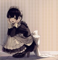 Rule 34 | 1boy, apron, black dress, black footwear, black hair, blush, bow, copyright request, crossdressing, dress, fang, frilled dress, frills, full body, green eyes, hair between eyes, hands up, high heels, juliet sleeves, long sleeves, looking at viewer, maid, maid apron, maid headdress, male focus, puffy sleeves, shoes, smile, solo, squatting, v-shaped eyebrows, white apron, white bow, yumegi (bitter orange215)