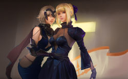 Rule 34 | 2girls, armor, arms at sides, artoria pendragon (all), artoria pendragon (fate), bare shoulders, blonde hair, blue dress, blue eyes, blue ribbon, blunt bangs, breasts, brown hair, cape, chain, cleavage, cowboy shot, detached collar, dress, dual persona, elbow pads, fate/grand order, fate/stay night, fate (series), flag, forehead protector, gauntlets, gloves, hair between eyes, hair bun, hair ribbon, hand on another&#039;s stomach, jeanne d&#039;arc (fate), jeanne d&#039;arc (ruler) (fate), jeanne d&#039;arc alter (avenger) (fate), jeanne d&#039;arc alter (fate), juliet sleeves, li moly, lipstick, long sleeves, makeup, medium breasts, multiple girls, nose, open mouth, pink lips, puffy sleeves, purple eyes, ribbon, saber (fate), short hair, shoulder pads, sidelocks, single hair bun, sleeveless, sleeveless dress, smile, standing, teeth, turtleneck, white gloves