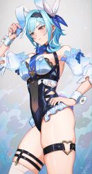 Rule 34 | 1girl, adapted costume, animal ears, bare shoulders, black hairband, blue hair, blue nails, blue necktie, breasts, commentary, covered navel, cowboy shot, detached sleeves, english commentary, eula (genshin impact), fake animal ears, genshin impact, grey background, hairband, hand on own hip, hand up, highres, large breasts, leotard, nail polish, necktie, puffy short sleeves, puffy sleeves, rabbit ears, revision, shibuki kamone, short hair, short sleeves, simple background, single thighhigh, solo, standing, thigh strap, thighhighs, thighs, white thighhighs, wrist cuffs, yellow eyes
