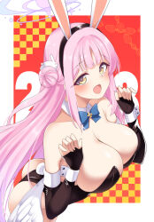 Rule 34 | 1girl, 2023, angel wings, animal ears, ass, bare shoulders, black gloves, black headband, black leotard, blue archive, blue bow, bow, breasts, checkered background, cleavage, collarbone, detached collar, elbow gloves, fingerless gloves, fingernails, gloves, gokubuto mayuge, hair bun, hair ornament, halo, headband, highres, huge breasts, leaning forward, leotard, long hair, looking at viewer, mika (blue archive), open mouth, pink hair, playboy bunny, rabbit ears, rabbit hair ornament, rabbit tail, red background, single side bun, smile, solo, strapless, strapless leotard, tail, thighs, white headwear, white wrist cuffs, wings, wrist cuffs, yellow eyes