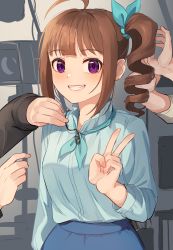 Rule 34 | 1girl, 2others, ahoge, ascot, backstage, brown hair, drill hair, drill ponytail, grin, hair tie, idolmaster, idolmaster million live!, idolmaster million live! theater days, kamille (vcx68), long sleeves, looking at viewer, microphone, multiple others, ponytail, purple eyes, side ponytail, sidelocks, skirt, smile, upper body, v, yokoyama nao