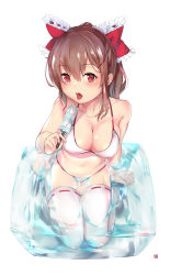 Rule 34 | 1girl, absurdres, alternate costume, ase tou mi kaameru, bad id, bad pixiv id, bare arms, bare shoulders, bikini, blush, bow, breasts, brown hair, cleavage, collarbone, food, from above, full body, hair bow, hair ornament, hairclip, hakurei reimu, highres, kneeling, large breasts, long hair, looking at viewer, looking up, navel, open mouth, partially submerged, ponytail, popsicle, red eyes, ribbon-trimmed legwear, ribbon trim, solo, stomach, swimsuit, thighhighs, tongue, tongue out, touhou, white bikini, white thighhighs