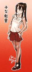 Rule 34 | 1girl, blush, brown hair, brown pantyhose, closed mouth, clothes writing, dated, full body, gradient background, high heels, highres, jitome, kotoba noriaki, long hair, long sleeves, looking at viewer, original, outline, pantyhose, ponytail, red background, red footwear, red shorts, shirt, short shorts, shorts, signature, solo, translation request, white outline, white shirt, yellow eyes