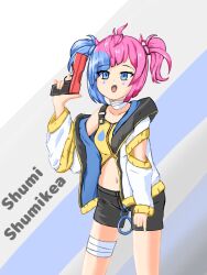 Rule 34 | 1girl, blue eyes, commentary, english commentary, gun, highres, holding, holding gun, holding weapon, indie virtual youtuber, multicolored hair, shorts, shumi shumikea, siegfried1810, solo, twintails, virtual youtuber, weapon