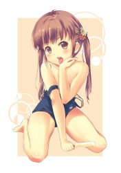 Rule 34 | 1girl, absurdres, bare shoulders, barefoot, brown eyes, brown hair, clothes pull, flat chest, flower, food, highres, kneeling, long hair, one-piece swimsuit, one-piece swimsuit pull, original, popsicle, school swimsuit, solo, swimsuit, tongue, twintails, u jie