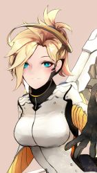 Rule 34 | 16nfeiyu, 1girl, absurdres, beige background, blonde hair, blue eyes, blush, bodysuit, breasts, chinese commentary, commentary, gloves, halo, high ponytail, highres, large breasts, looking at viewer, mechanical halo, mercy (overwatch), open mouth, overwatch, overwatch 1, pulling, simple background, smile, solo, teeth, upper body