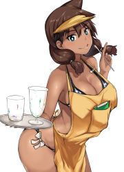 Rule 34 | 1girl, :q, amano megumi, amano megumi wa suki darake!, apron, bikini, blue eyes, blush, breasts, brown hair, cleavage, clipboard, closed mouth, cowboy shot, cup, dark-skinned female, dark skin, drinking glass, eyebrows, fang, food, food on face, hai ookami, halterneck, highres, holding, holding spoon, leaning forward, licking lips, long hair, looking at viewer, side-tie bikini bottom, sidelocks, smile, solo, spoon, striped bikini, striped clothes, swimsuit, tongue, tongue out, tray, twintails, visor cap