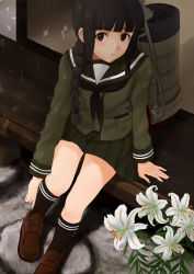 Rule 34 | 10s, 1girl, adjusting clothes, adjusting shoe, black hair, blunt bangs, braid, brown eyes, fuyube gin (huyube), hair over shoulder, kantai collection, kitakami (kancolle), loafers, long hair, looking at viewer, neckerchief, personification, pleated skirt, school uniform, serafuku, shoes, single braid, sitting, skirt, solo