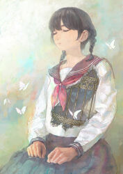 Rule 34 | 1girl, birdcage, black hair, braid, bug, butterfly, cage, closed eyes, closed mouth, hands on lap, hironoshousei, insect, long sleeves, muted color, neckerchief, original, red neckerchief, sailor collar, school uniform, serafuku, sitting, skirt, solo, torn clothes, twin braids