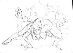 Rule 34 | 1girl, all fours, ass, bad id, bad pixiv id, bodysuit, breasts, butcha-u, greyscale, hanging breasts, large breasts, lineart, metroid, monochrome, nintendo, ponytail, samus aran, sketch, skin tight, solo, stance, tentacles, translated, zero suit