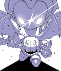Rule 34 | armor, bat wings, fecto forgo, fecto forgo (larva), galaxia (sword), gloves, glowing, glowing eyes, greyscale, holding, holding sword, holding weapon, kirby (series), kirby and the forgotten land, knightcall, looking at viewer, mask, meta knight, monochrome, monster, nintendo, no humans, pauldrons, shadow, shoulder armor, slashing, sword, weapon, wings