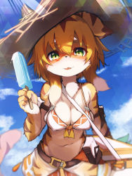 Rule 34 | 1girl, :3, absurdres, animal ears, armlet, bag, bare shoulders, belt, bikini, bikini skirt, blonde hair, blue sky, blurry, blush, box, breasts, brown hat, cat ears, cat tail, cleavage, cloud, collarbone, cooler, covered erect nipples, cowboy shot, day, depth of field, fang, female focus, food, furry, furry female, green eyes, hand up, happy, hat, highres, holding, leaning forward, looking at viewer, medium breasts, mia (world flipper), multicolored hair, navel, open mouth, outdoors, popsicle, pouch, see-through, short hair, skin fang, sky, smile, solo, standing, stomach, straight-on, straw hat, sun hat, sunlight, swimsuit, tab head, tail, textless version, two-tone hair, white bikini, white hair, world flipper