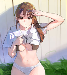 Rule 34 | 1girl, :o, absurdres, bow, bra, breasts, brown bra, brown eyes, brown hair, cleavage, fence, grass, grey bow, hair over shoulder, hand up, highres, large breasts, long hair, looking at viewer, navel, open mouth, original, outdoors, panties, rocher-hd, school uniform, serafuku, short sleeves, sidelocks, solo, stomach, thighs, underwear, white panties