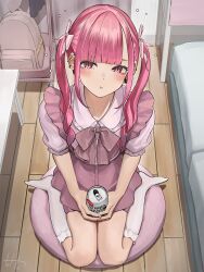 Rule 34 | 1girl, absurdres, backpack, bag, blunt bangs, blush, bow, can, eyebrows hidden by hair, fingernails, from above, hair bow, highres, hinamizawa hinami (tetto), holding, holding can, indoors, jirai kei, no shoes, original, pink eyes, pink hair, pout, short sleeves, shorts, sitting, skirt, socks, solo, tetto (onnoveltet), twintails, unworn backpack, unworn bag, wariza, white socks, wooden floor