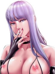 Rule 34 | breasts, breasts out, choker, cigarette, collarbone, detached sleeves, dr stein (pixiv), eyeshadow, grey eyes, grey hair, highres, long hair, looking at viewer, makeup, mole, mole on breast, mole on chin, nipples, no bra, rin (smoking hypnosis), simple background, smoke, smoking, smoking hypnosis, straight hair, transparent background, upper body