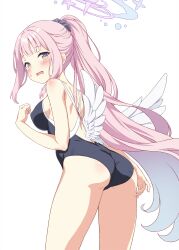 Rule 34 | 1girl, ass, black one-piece swimsuit, black scrunchie, blue archive, blush, breasts, commentary request, hair ornament, hair scrunchie, halo, highres, long hair, looking at viewer, medium breasts, mika (blue archive), one-piece swimsuit, open mouth, pink hair, ponytail, scrunchie, simple background, solo, standing, swimsuit, white background, white wings, wings, yamasan, yellow eyes