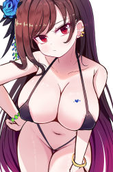 Rule 34 | 1girl, bangle, bikini, blush, bracelet, breast tattoo, breasts, brown hair, destiny child, earrings, eve (destiny child), flower, gradient hair, hair flower, hair ornament, hand on own hip, heart, heart tattoo, jewelry, large breasts, long hair, looking at viewer, multicolored hair, navel, pout, red eyes, shiny skin, simple background, solo, sseopik, swimsuit, tattoo, thighs, very long hair, white background