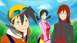 Rule 34 | 16:9, artist request, baseball cap, black hair, blue eyes, creatures (company), crystal (pokemon), durarara!!, game freak, goggles, goggles on head, gold (pokemon), hat, highres, nintendo, parody, pokemon, pokemon special, red hair, silver (pokemon), simple background, smile, style parody, twintails