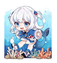 Rule 34 | 1girl, :d, animal hood, blue eyes, blue hair, blue hoodie, blue socks, chibi, commentary, coral, drawstring, english commentary, fins, fish tail, full body, gawr gura, gawr gura (1st costume), hair ornament, highres, hololive, hololive english, hood, hood down, hoodie, long sleeves, looking at viewer, multicolored hair, open mouth, outstretched arms, shark girl, shark hair ornament, shark hood, shark tail, sharp teeth, shoes, smile, socks, solo, spread arms, streaked hair, tail, teeth, two side up, underwater, usagi (cecilia), virtual youtuber, water, white footwear, white hair, wide sleeves