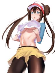 Rule 34 | 1girl, :o, akire (akireru shoujo), black pantyhose, blue eyes, blush, breasts, brown hair, clothes lift, covered erect nipples, creatures (company), double bun, game freak, groin, hair bun, highres, low twintails, medium breasts, navel, nintendo, open mouth, pantyhose, pantyhose under shorts, pokemon, pokemon bw2, puffy shorts, rosa (pokemon), see-through, shirt lift, short shorts, shorts, simple background, solo, stomach, sweatdrop, twintails, underboob, white background