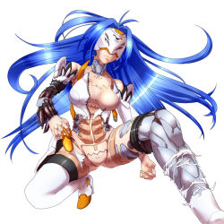 Rule 34 | 00s, 1girl, android, blue hair, damaged, head-mounted display, kos-mos, kos-mos (archetype), long hair, mechanical parts, simple background, solo, thighhighs, torn clothes, very long hair, virtues, xenosaga, xenosaga episode i, xenosaga episode iii