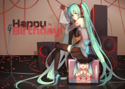 Rule 34 | 1girl, aqua hair, black thighhighs, breasts, cable, detached sleeves, happy birthday, hatsune miku, highres, long hair, microphone, microphone stand, ovos, petals, sitting, skirt, small breasts, solo, speaker, thighhighs, twintails, very long hair, vintage microphone, vocaloid