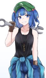 Rule 34 | 1girl, bare arms, bare shoulders, black gloves, black shirt, black tank top, blue eyes, blue hair, blue pants, blush, breasts, brown gloves, cabbie hat, clothes around waist, collarbone, cowboy shot, gloves, green hat, grin, hair bobbles, hair ornament, hand up, hat, highres, ibuki grunt, jacket, jacket around waist, jumpsuit, kawashiro nitori, key, looking at viewer, medium breasts, pants, shirt, short hair, simple background, sleeveless, smile, solo, standing, tank top, teeth, touhou, two side up, white background, wrench