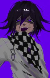 Rule 34 | 1boy, black scarf, checkered clothes, checkered scarf, colored tongue, danganronpa (series), danganronpa v3: killing harmony, flipped hair, grey jacket, grey scarf, highres, jacket, joh pierrot, male focus, medium hair, multicolored hair, oma kokichi, pink background, pink eyes, purple hair, purple tongue, scarf, signature, smile, solo, tongue, tongue out, two-tone hair, upper body