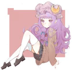 Rule 34 | 1girl, blush, crescent, crescent hair ornament, crescent moon, eyes visible through hair, hair ornament, hair ribbon, hat, highres, long hair, mob cap, moon, myouji, patchouli knowledge, purple eyes, purple hair, ribbon, skirt, solo, sweater, thighhighs, thighs, touhou, aged down