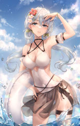 Rule 34 | 1girl, absurdres, bird, black skirt, blue hair, blue sky, blush, bow, bracelet, breasts, casual one-piece swimsuit, cleavage, cloud, cloudy sky, covered navel, cowboy shot, flower, frills, garter belt, glowing, green bow, hair flower, hair ornament, highres, holding, holding swim ring, innertube, jewelry, large breasts, light blue hair, long hair, looking at viewer, low twintails, ocean, one-piece swimsuit, original, pippin (pippin sol), red flower, see-through, see-through skirt, skirt, sky, smile, standing, swim ring, swimsuit, twintails, water, water drop, waves, white flower, white innertube, white one-piece swimsuit